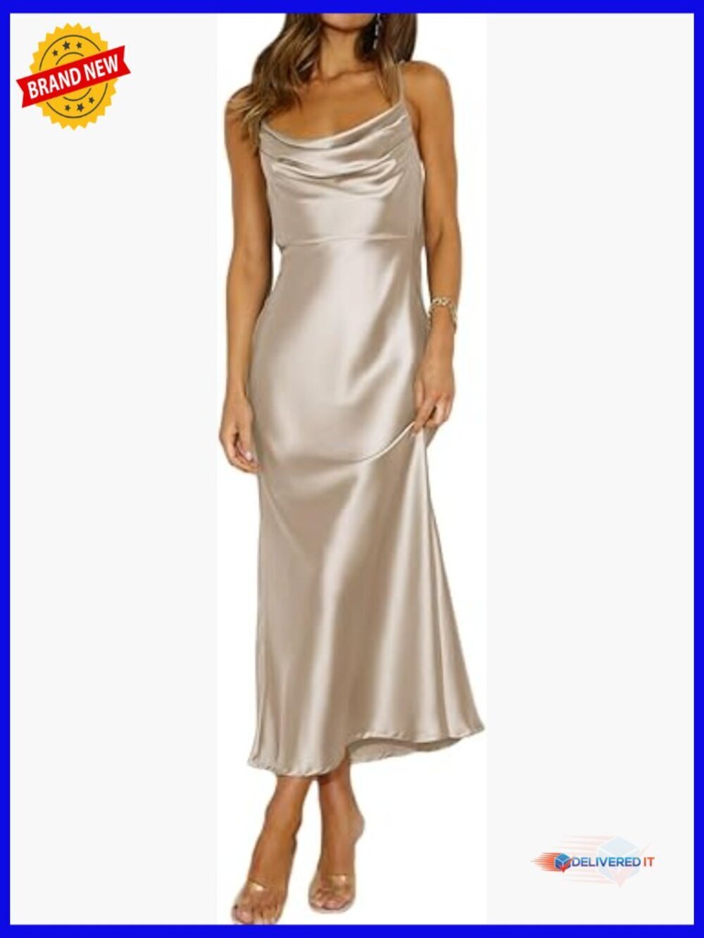 Satin Spaghetti Strap Cowl Neck Backless Midi Cocktail Dress